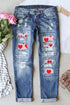 Sky Blue Valentine'S Day Heart Patchwork Distressed Jeans